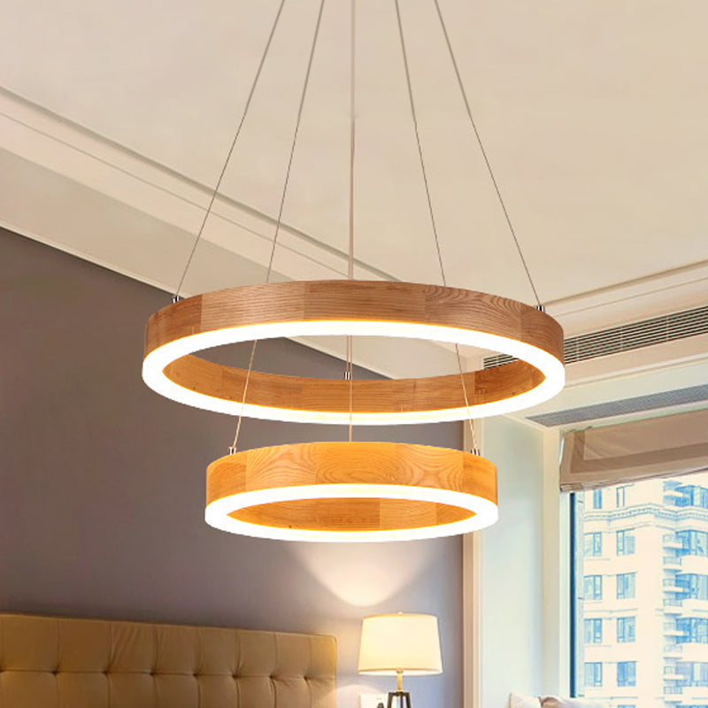 Wood Ring LED Chandelier Light Modern Beige Pendant Fixture - Rebooters