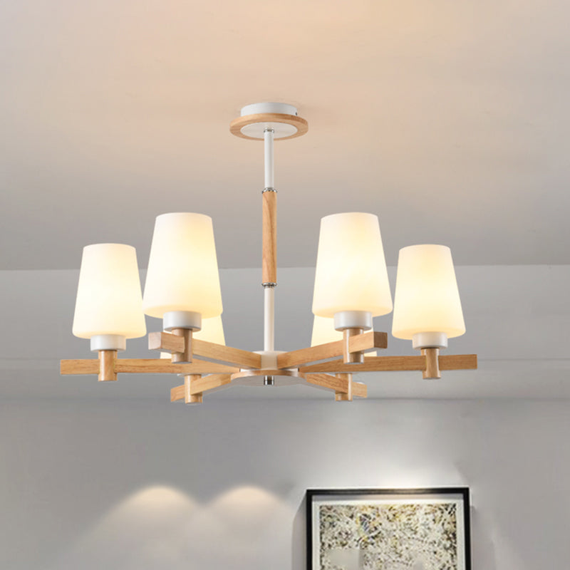 Milk Glass Tapered Chandelier Modern Wood Suspension Light - Rebooters