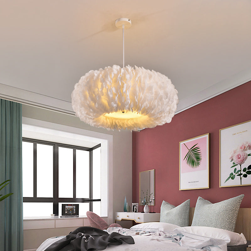 Donut Shaped Pendant Lamp Simple Style Feather Chandelier White - Rebooters