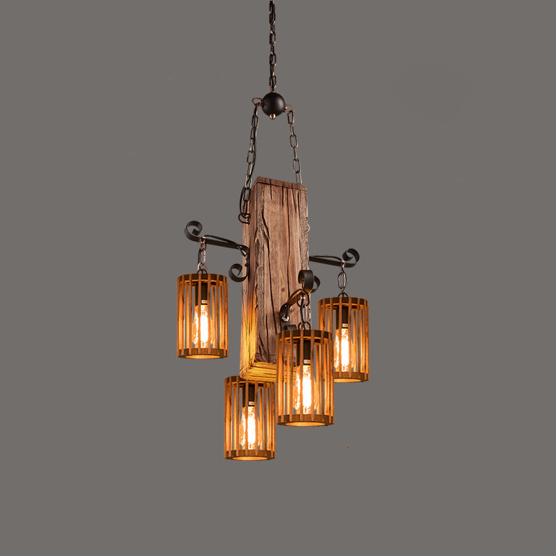 Farmhouse Cylindrical Cage Chandelier Light Wooden Hanging Lamp Kit for Dining Room - Rebooters