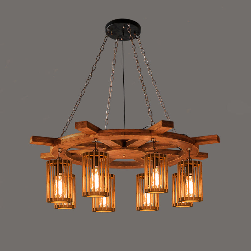 Farmhouse Cylindrical Cage Chandelier Light Wooden Hanging Lamp Kit for Dining Room - Rebooters