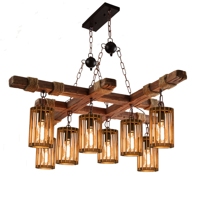 Farmhouse Cylindrical Cage Chandelier Light Wooden Hanging Lamp Kit for Dining Room - Rebooters