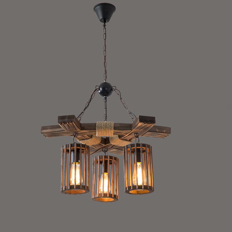 Farmhouse Cylindrical Cage Chandelier Light Wooden Hanging Lamp Kit for Dining Room - Rebooters