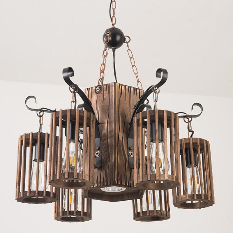 Farmhouse Cylindrical Cage Chandelier Light Wooden Hanging Lamp Kit for Dining Room - Rebooters