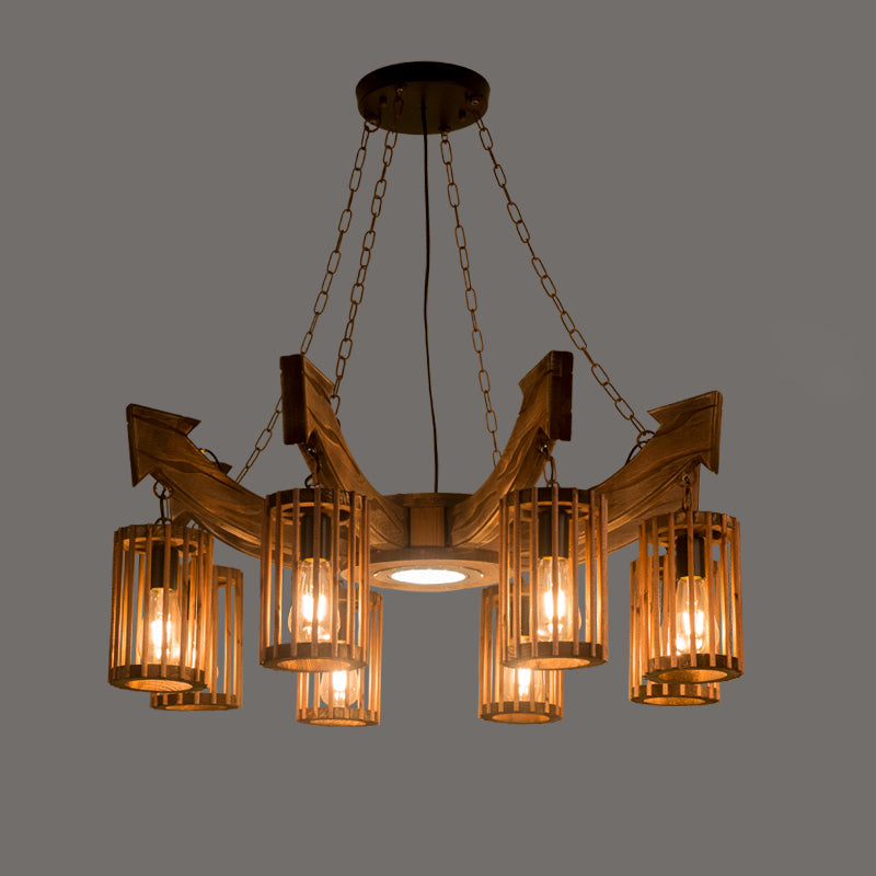 Farmhouse Cylindrical Cage Chandelier Light Wooden Hanging Lamp Kit for Dining Room - Rebooters