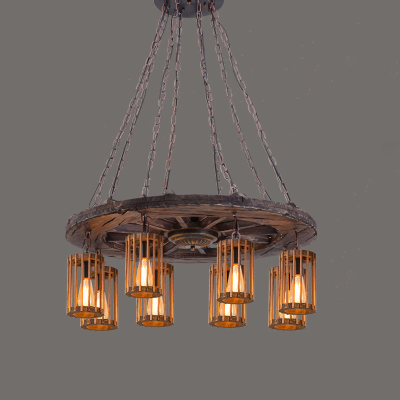 Farmhouse Cylindrical Cage Chandelier Light Wooden Hanging Lamp Kit for Dining Room - Rebooters