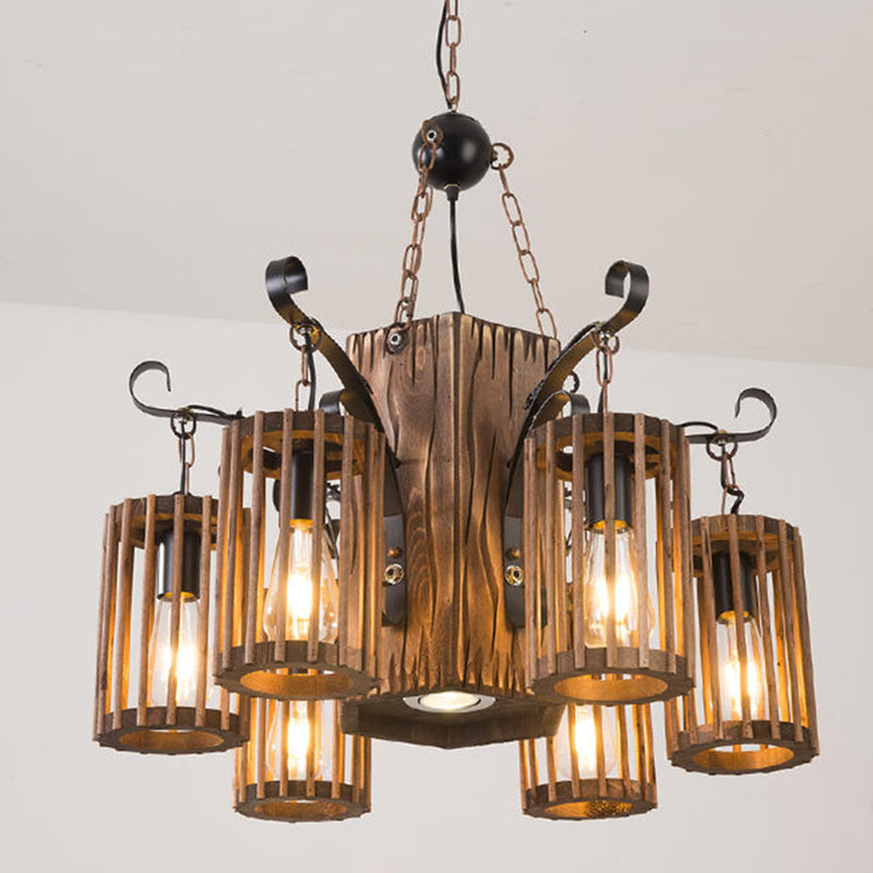 Farmhouse Cylindrical Cage Chandelier Light Wooden Hanging Lamp Kit for Dining Room - Rebooters