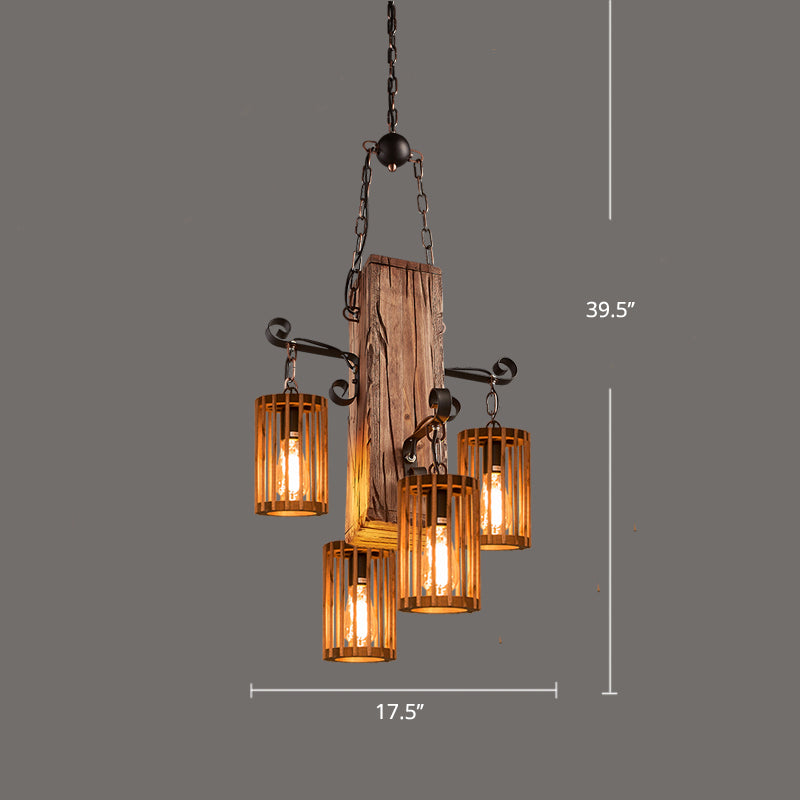 Farmhouse Cylindrical Cage Chandelier Light Wooden Hanging Lamp Kit for Dining Room - Rebooters