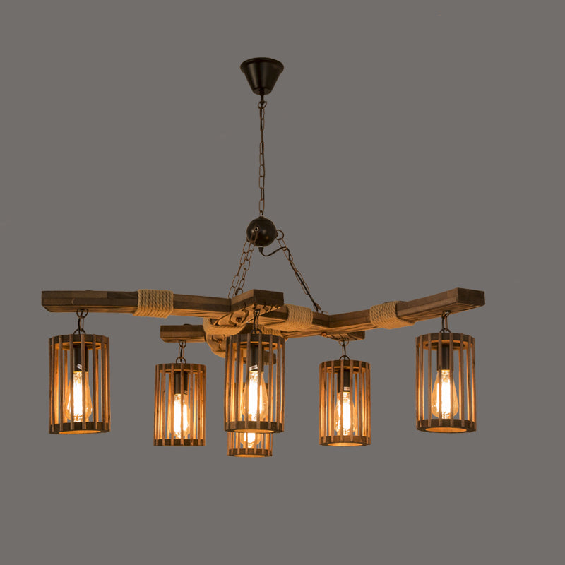 Farmhouse Cylindrical Cage Chandelier Light Wooden Hanging Lamp Kit for Dining Room - Rebooters