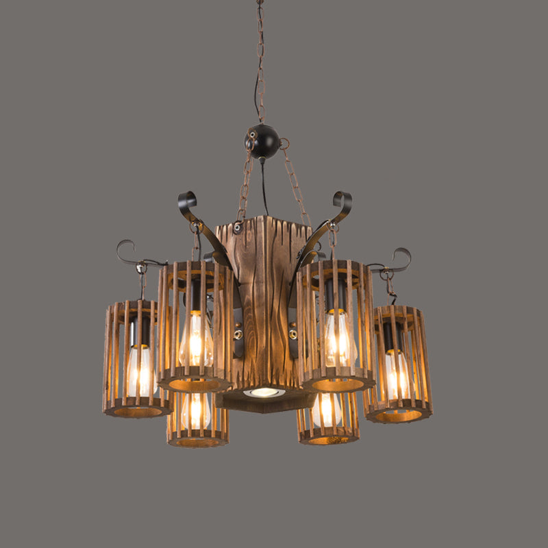 Farmhouse Cylindrical Cage Chandelier Light Wooden Hanging Lamp Kit for Dining Room - Rebooters