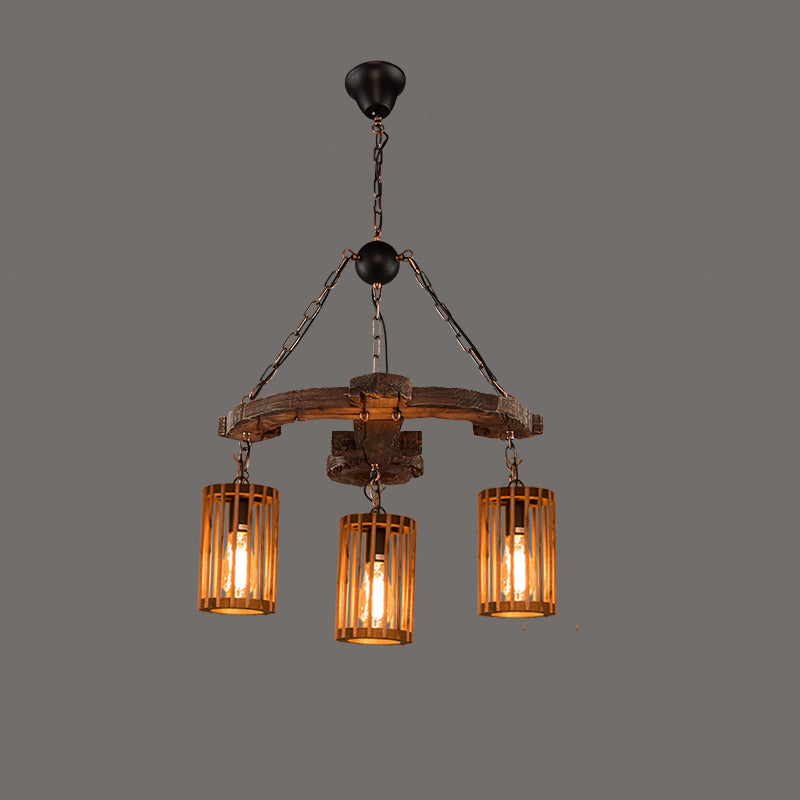 Farmhouse Cylindrical Cage Chandelier Light Wooden Hanging Lamp Kit for Dining Room - Rebooters