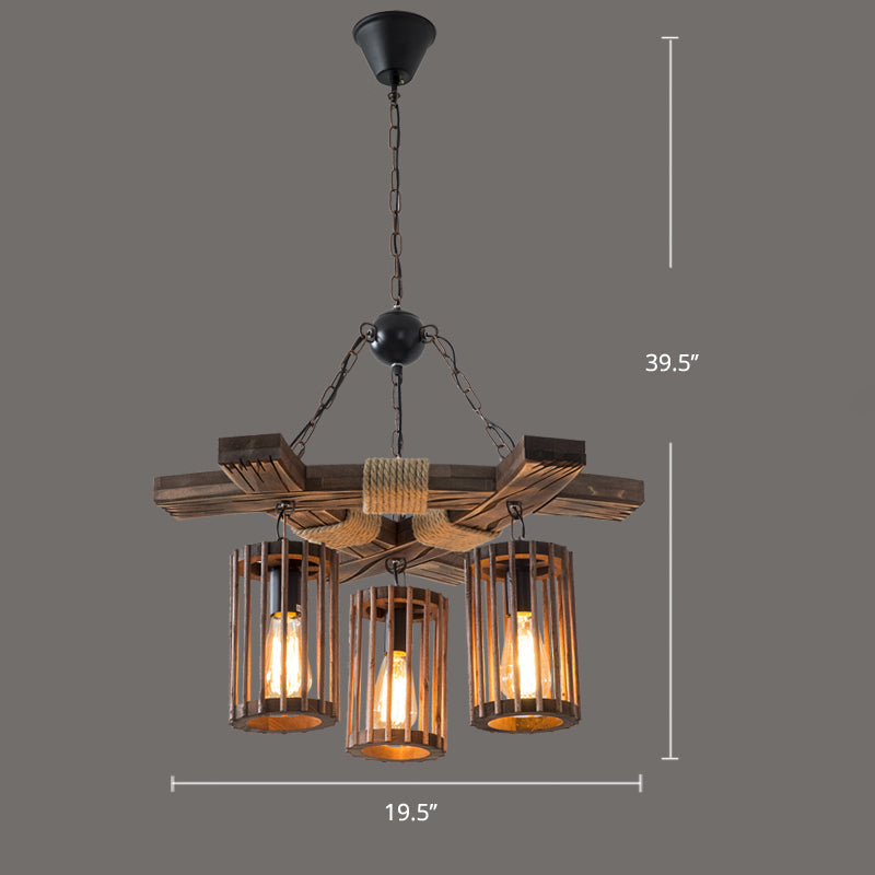 Farmhouse Cylindrical Cage Chandelier Light Wooden Hanging Lamp Kit for Dining Room - Rebooters