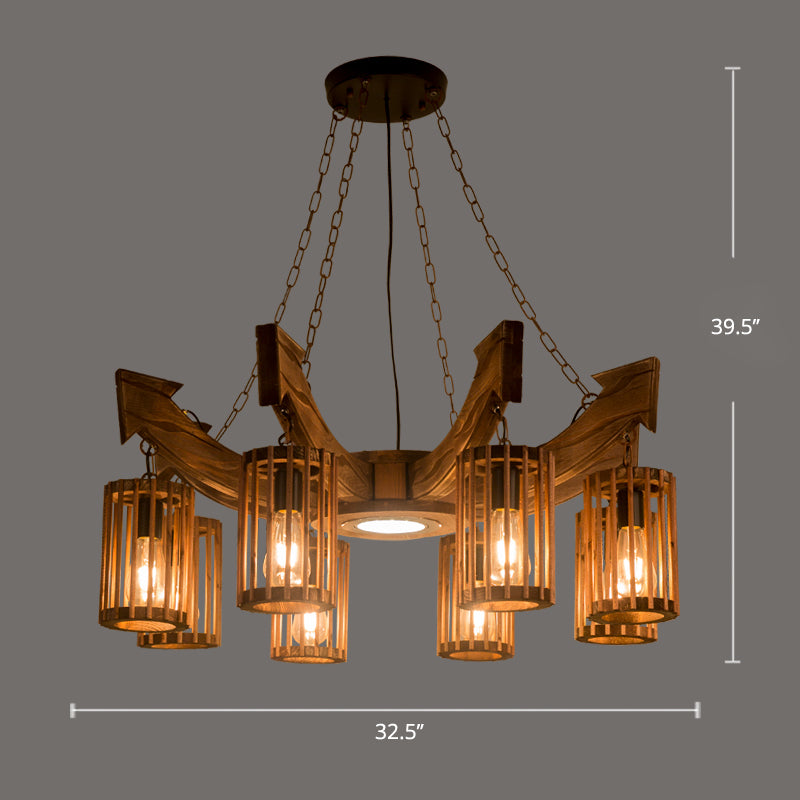 Farmhouse Cylindrical Cage Chandelier Light Wooden Hanging Lamp Kit for Dining Room - Rebooters