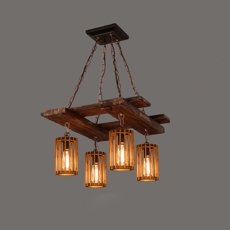 Farmhouse Cylindrical Cage Chandelier Light Wooden Hanging Lamp Kit for Dining Room - Rebooters