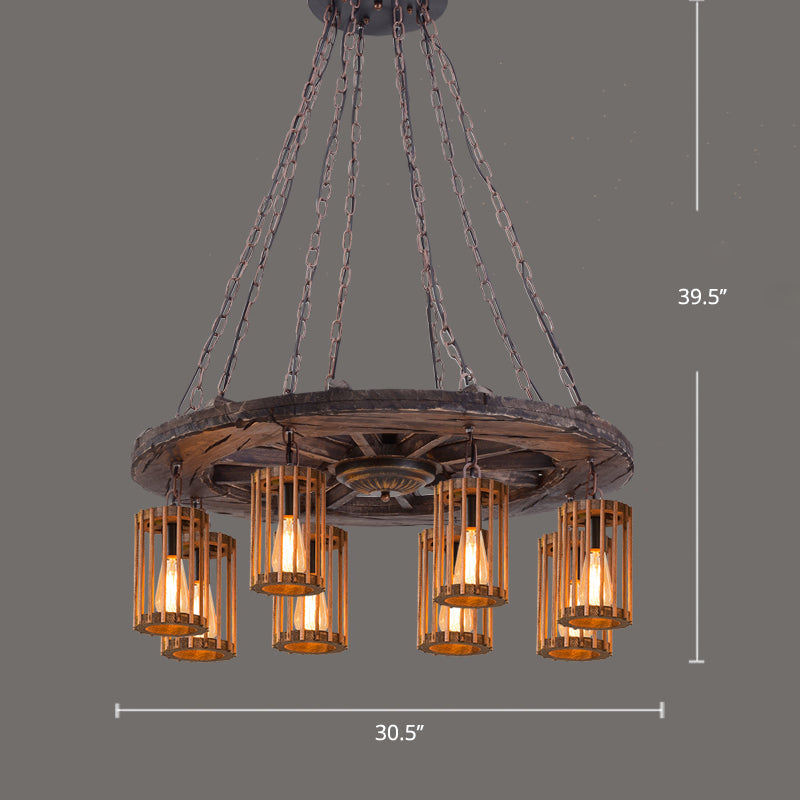 Farmhouse Cylindrical Cage Chandelier Light Wooden Hanging Lamp Kit for Dining Room - Rebooters