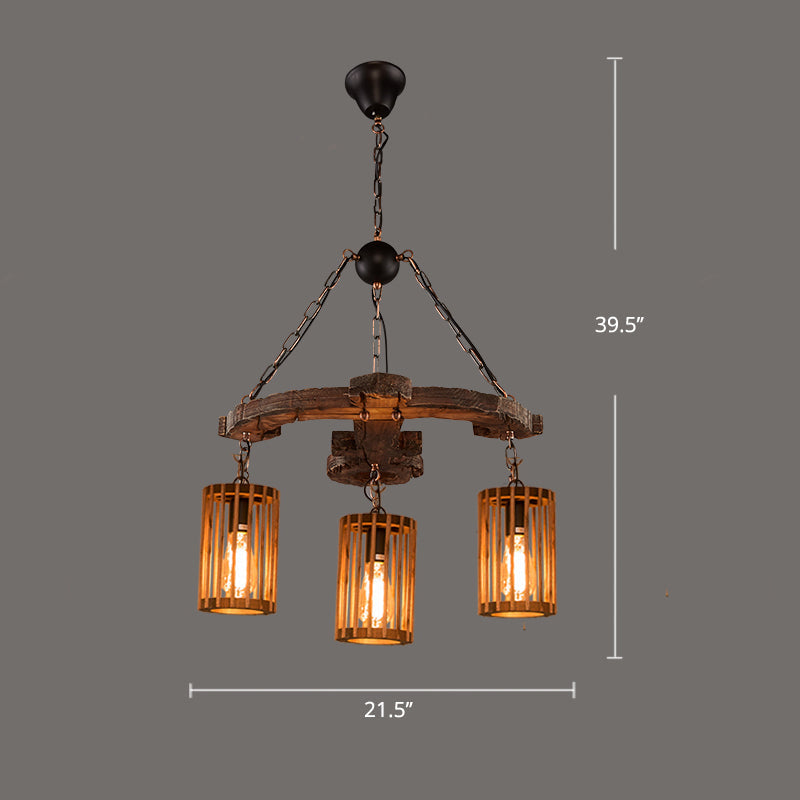 Farmhouse Cylindrical Cage Chandelier Light Wooden Hanging Lamp Kit for Dining Room - Rebooters