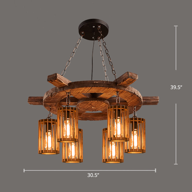 Farmhouse Cylindrical Cage Chandelier Light Wooden Hanging Lamp Kit for Dining Room - Rebooters