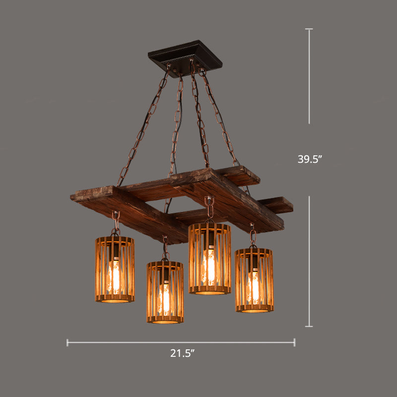 Farmhouse Cylindrical Cage Chandelier Light Wooden Hanging Lamp Kit for Dining Room - Rebooters