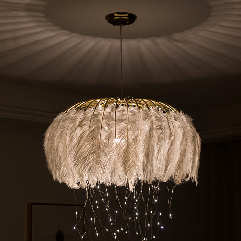 Round Chandelier Nordic Feather Bedroom Ceiling Pendant Light - Rebooters