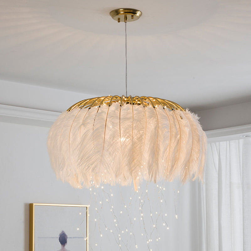 Round Chandelier Nordic Feather Bedroom Ceiling Pendant Light - Rebooters