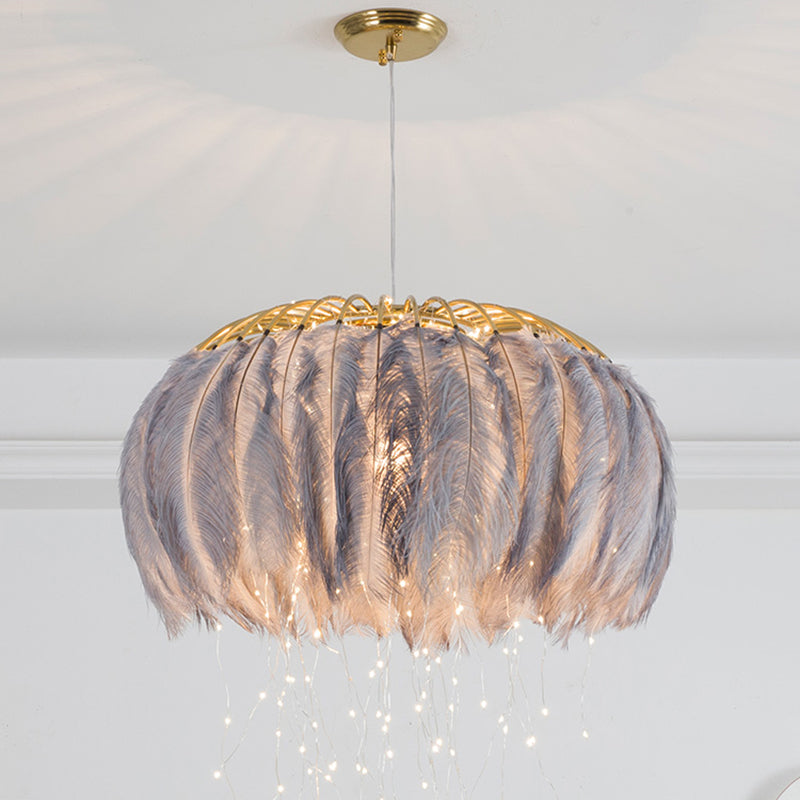 Round Chandelier Nordic Feather Bedroom Ceiling Pendant Light - Rebooters