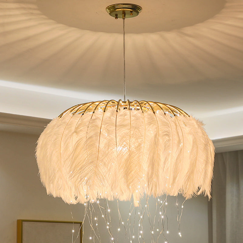 Round Chandelier Nordic Feather Bedroom Ceiling Pendant Light - Rebooters