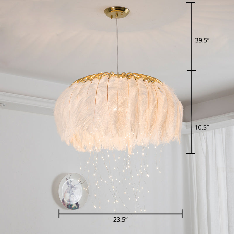 Round Chandelier Nordic Feather Bedroom Ceiling Pendant Light - Rebooters