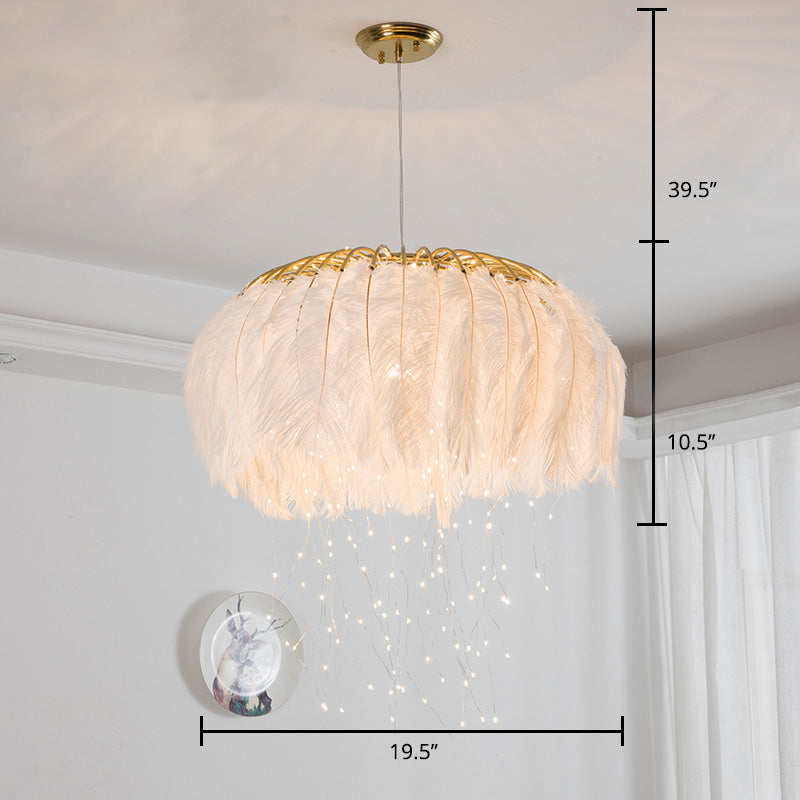 Round Chandelier Nordic Feather Bedroom Ceiling Pendant Light - Rebooters