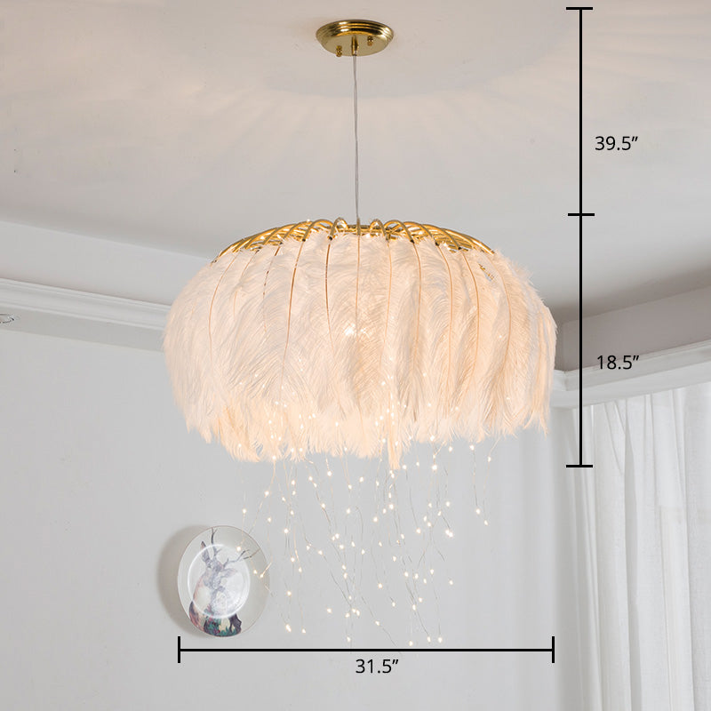 Round Chandelier Nordic Feather Bedroom Ceiling Pendant Light - Rebooters