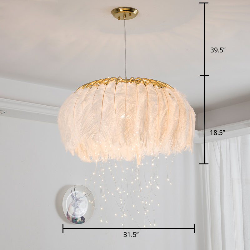 Round Chandelier Nordic Feather Bedroom Ceiling Pendant Light - Rebooters