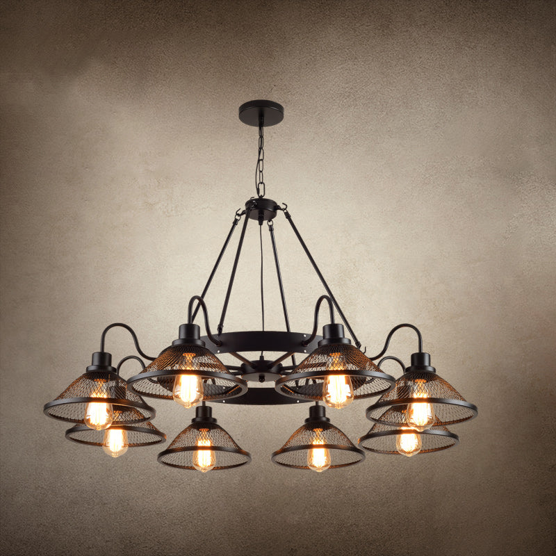 Conical Mesh Shade Chandelier Industrial Black Metallic Fixture - Rebooters