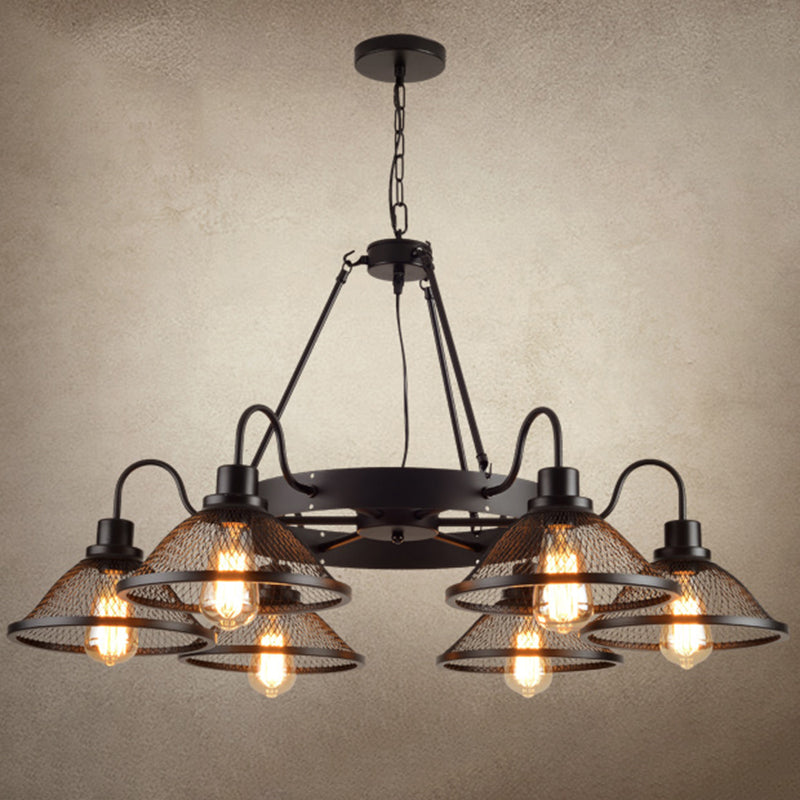 Conical Mesh Shade Chandelier Industrial Black Metallic Fixture - Rebooters