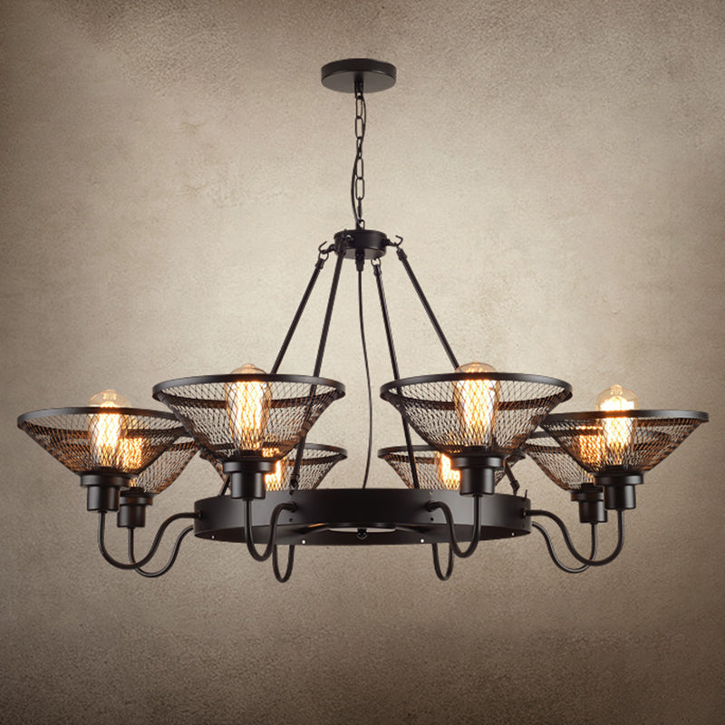 Conical Mesh Shade Chandelier Industrial Black Metallic Fixture - Rebooters