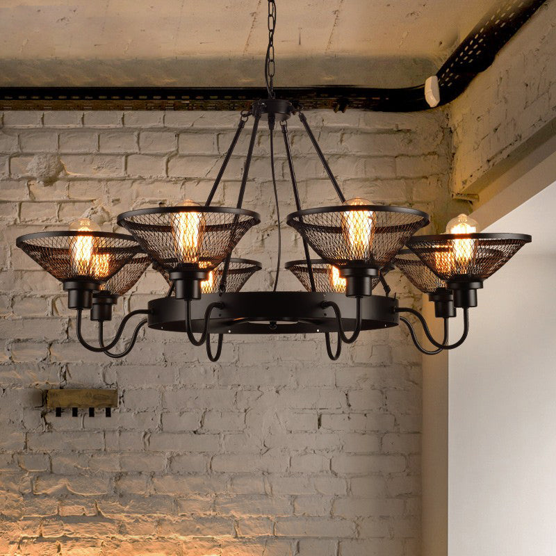 Conical Mesh Shade Chandelier Industrial Black Metallic Fixture - Rebooters