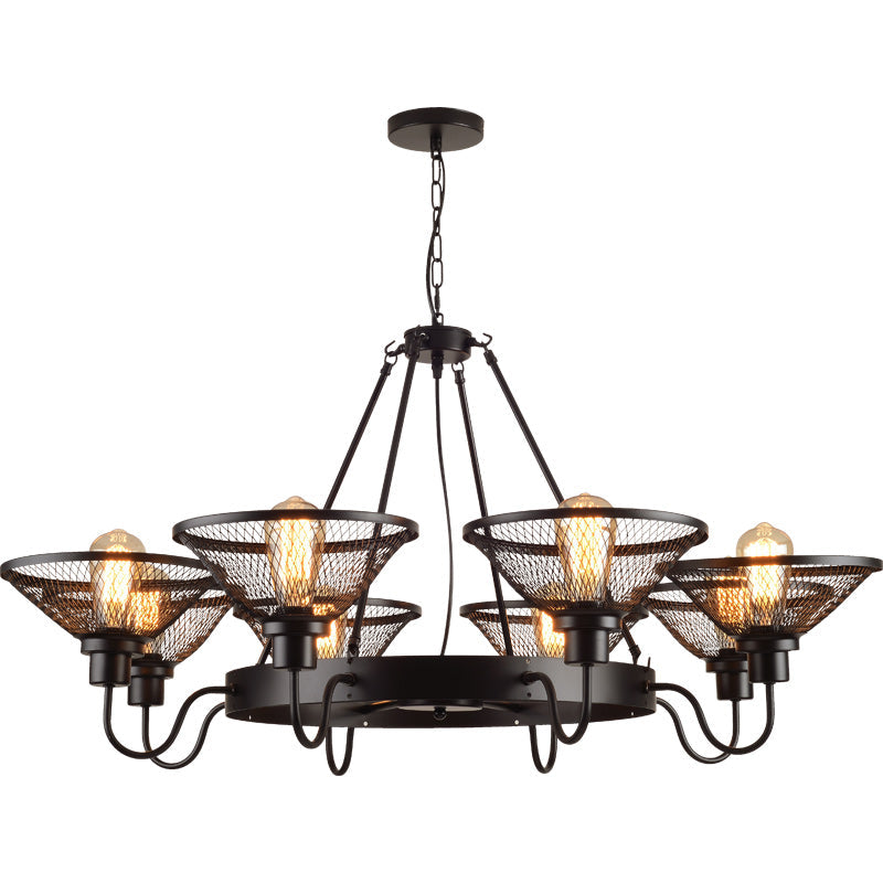 Conical Mesh Shade Chandelier Industrial Black Metallic Fixture - Rebooters