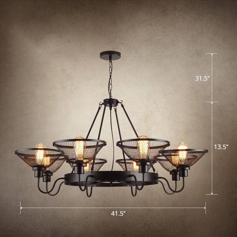 Conical Mesh Shade Chandelier Industrial Black Metallic Fixture - Rebooters