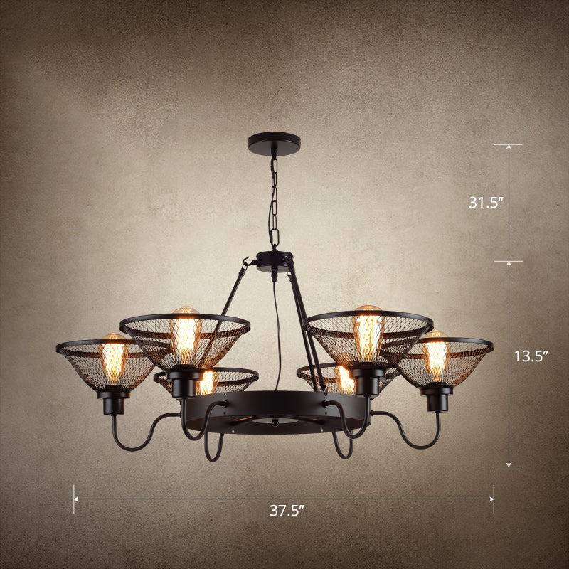 Conical Mesh Shade Chandelier Industrial Black Metallic Fixture - Rebooters