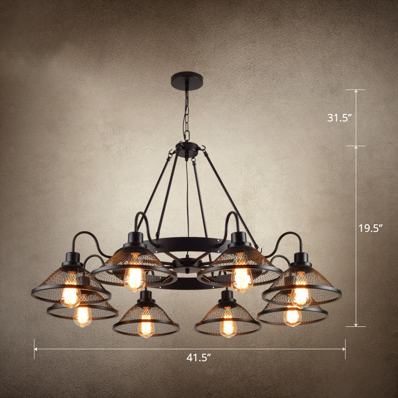 Conical Mesh Shade Chandelier Industrial Black Metallic Fixture - Rebooters