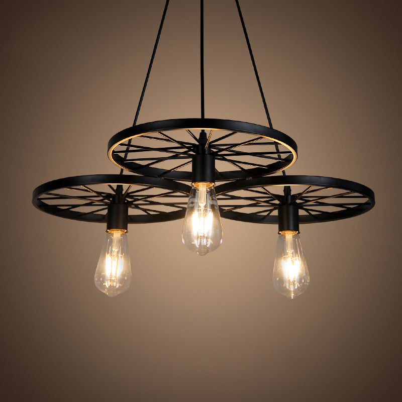 Black Wheel Chandelier Lighting Industrial Metal Fixture - Rebooters