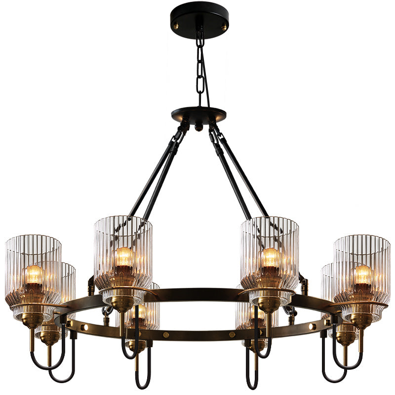 Cylindrical Ribbed Glass Up Chandelier Vintage Dining Room Lamp in Black - Rebooters