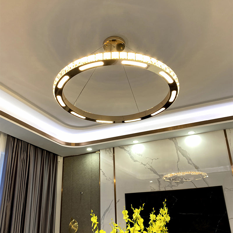 Gold Ring Shaped Chandelier Simple Crystal Embedded LED Pendant Light - Rebooters