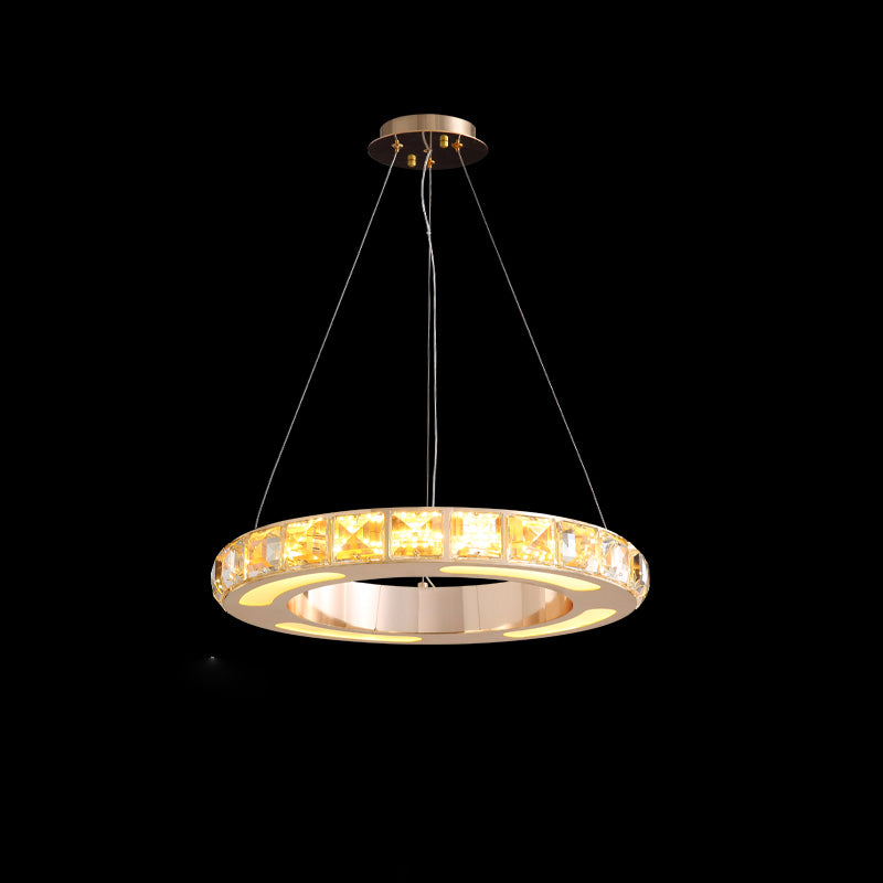 Gold Ring Shaped Chandelier Simple Crystal Embedded LED Pendant Light - Rebooters