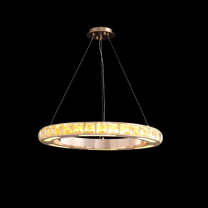 Gold Ring Shaped Chandelier Simple Crystal Embedded LED Pendant Light - Rebooters