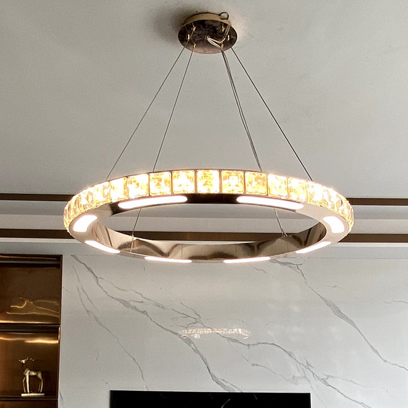 Gold Ring Shaped Chandelier Simple Crystal Embedded LED Pendant Light - Rebooters