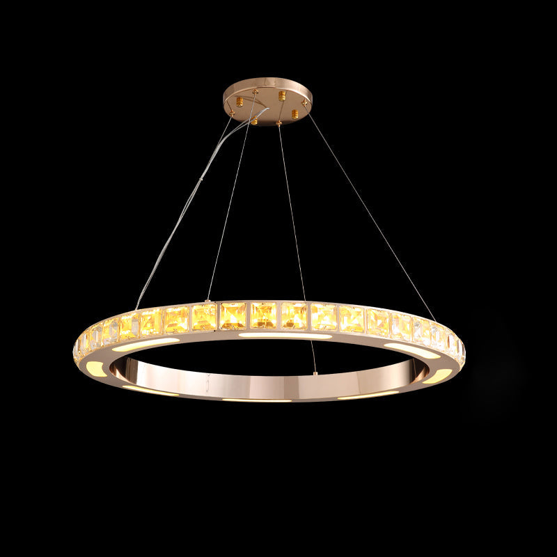 Gold Ring Shaped Chandelier Simple Crystal Embedded LED Pendant Light - Rebooters