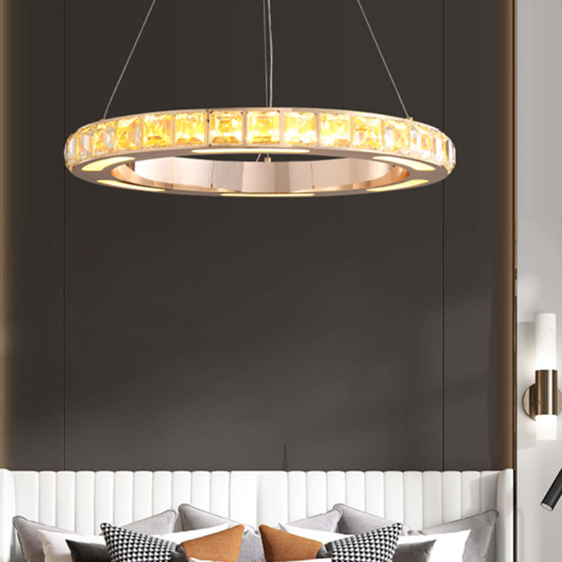 Gold Ring Shaped Chandelier Simple Crystal Embedded LED Pendant Light - Rebooters