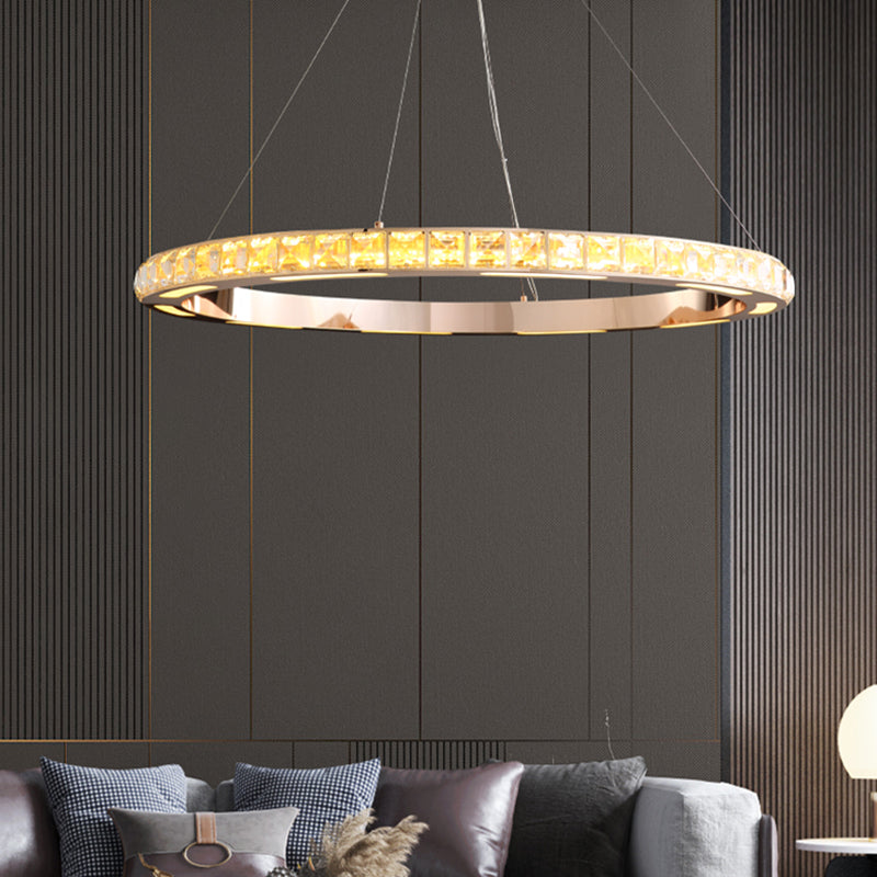 Gold Ring Shaped Chandelier Simple Crystal Embedded LED Pendant Light - Rebooters