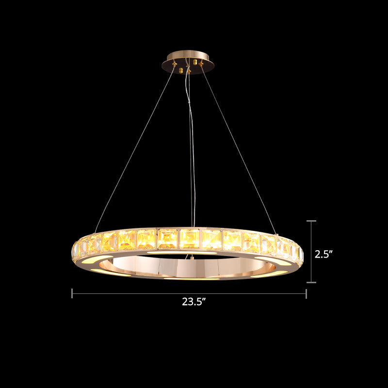 Gold Ring Shaped Chandelier Simple Crystal Embedded LED Pendant Light - Rebooters