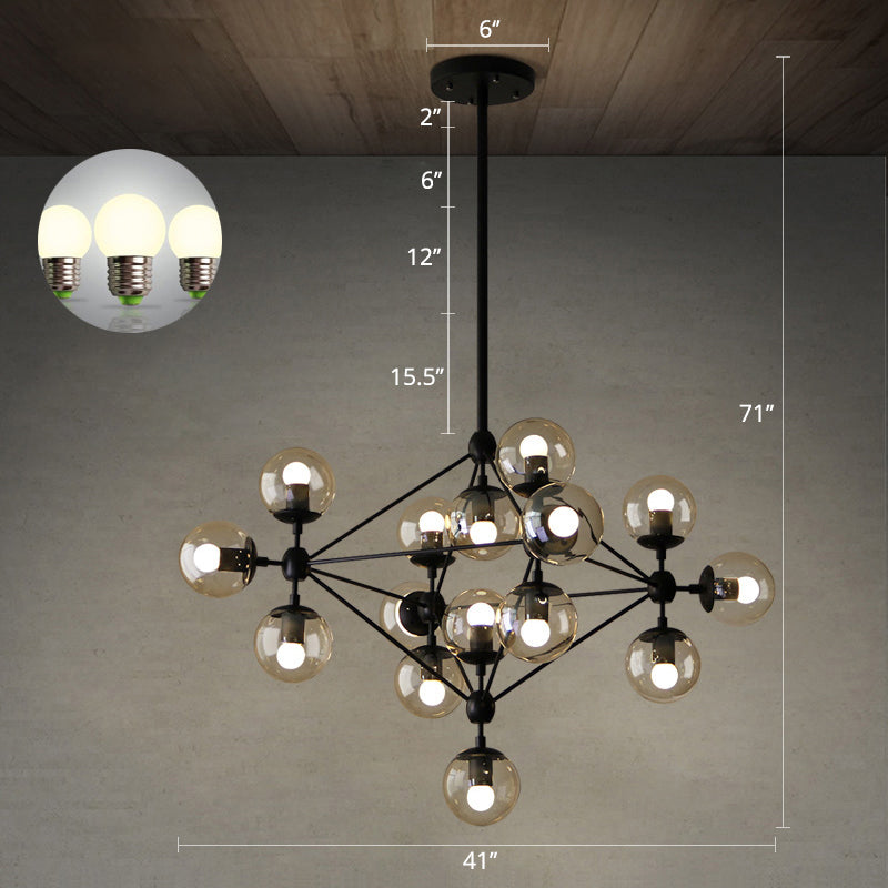 Clear Glass Ball Chandelier Lighting Loft Style Bedroom Fixture in Black - Rebooters