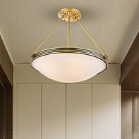 4-Light Opal Glass Hanging Chandelier Traditional Brass Bowl Living Room Pendant Light Fixture - Rebooters